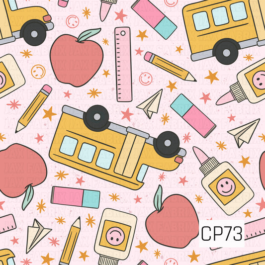 School-themed pattern featuring yellow school buses, apples, pencils, glue bottles, rulers, erasers, paper airplanes, stars, and smiley accents on a light pink speckled background.

