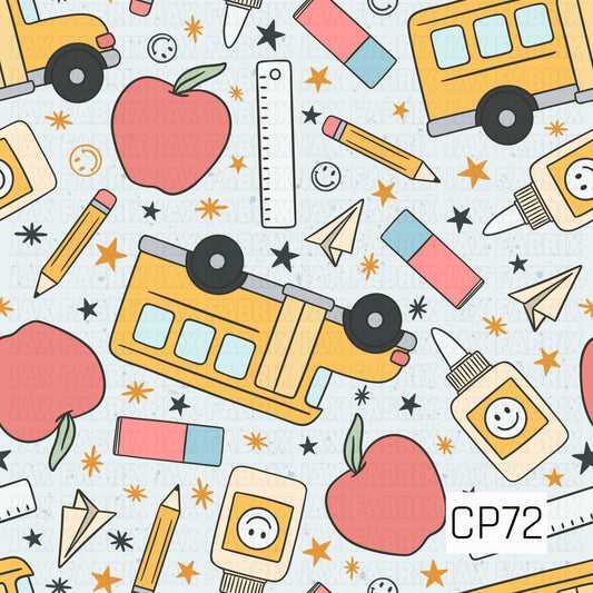 School-themed pattern featuring yellow school buses, apples, pencils, glue bottles, rulers, erasers, paper airplanes, stars, and smiley accents on a light blue speckled background.
