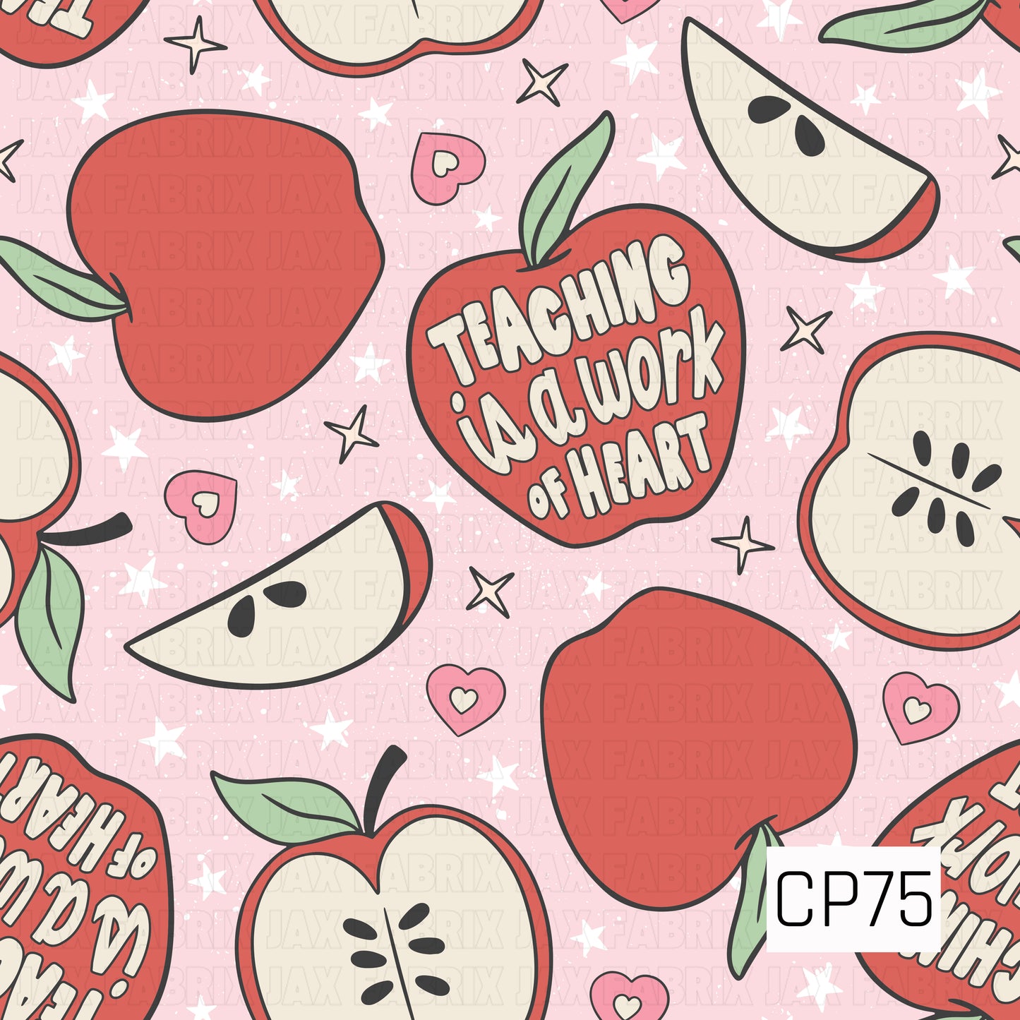 A playful back-to-school pattern featuring red apples, apple slices, hearts, and stars on a soft pink background. A bold apple centerpiece displays the phrase "Teaching is a Work of Heart," creating a sweet teacher-inspired design.
