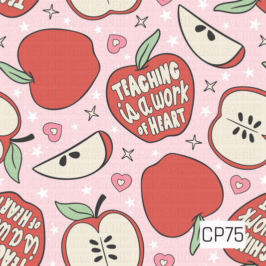 A playful back-to-school pattern featuring red apples, apple slices, hearts, and stars on a soft pink background. A bold apple centerpiece displays the phrase "Teaching is a Work of Heart," creating a sweet teacher-inspired design.
