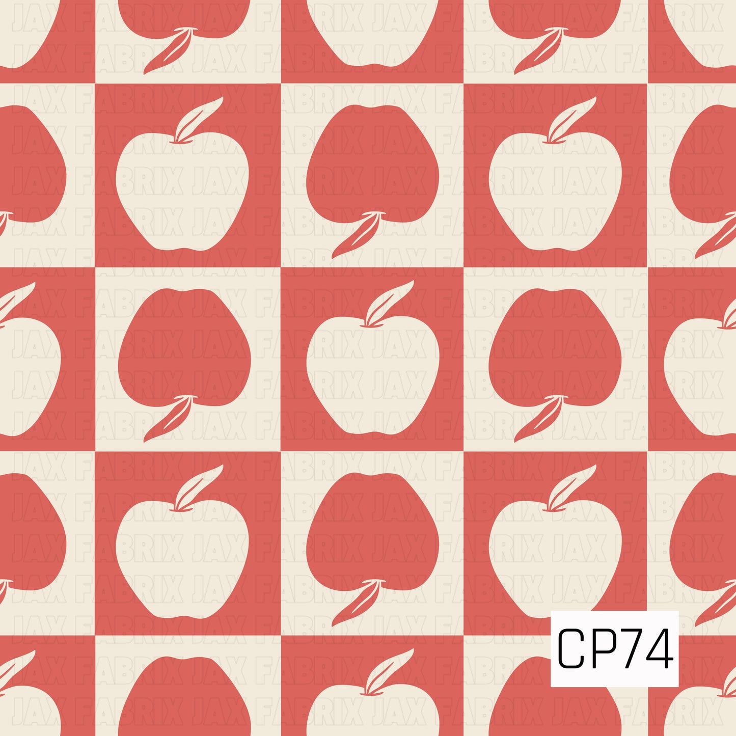 Alternating red and cream checkerboard squares featuring simple apple silhouettes, creating a playful back-to-school pattern with a clean, classic look.
