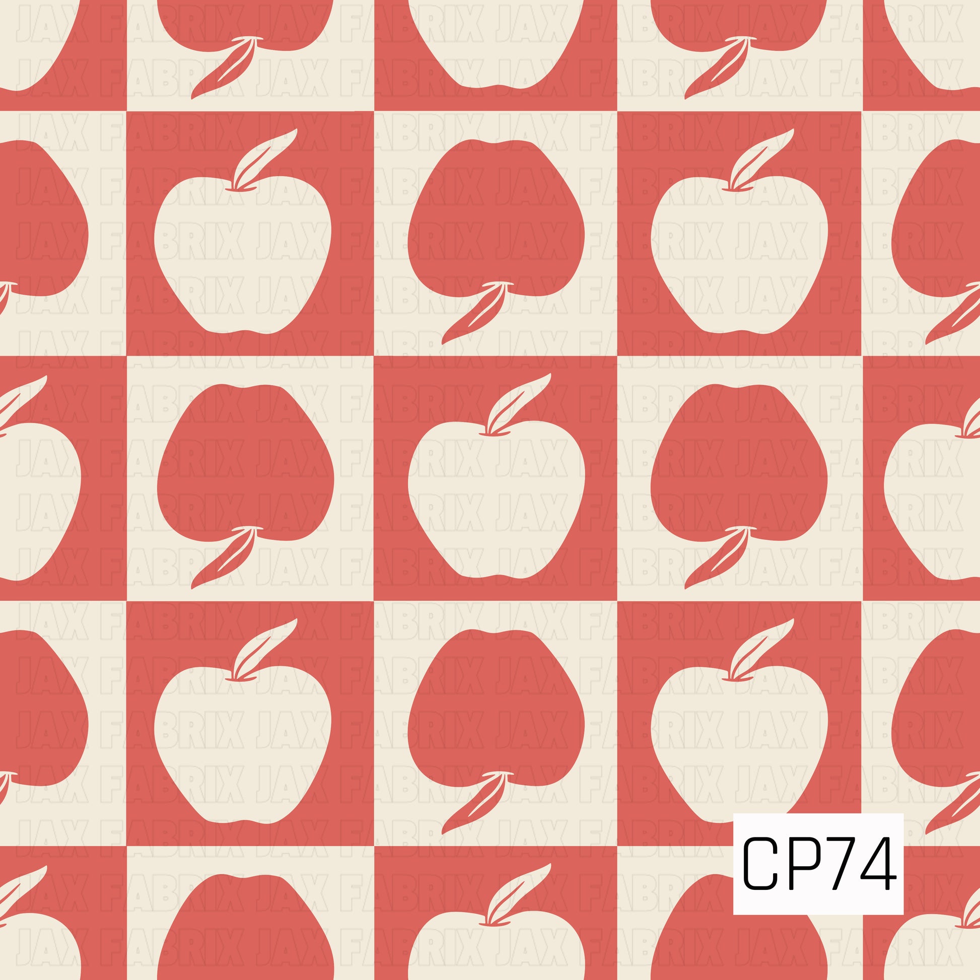 Alternating red and cream checkerboard squares featuring simple apple silhouettes, creating a playful back-to-school pattern with a clean, classic look.
