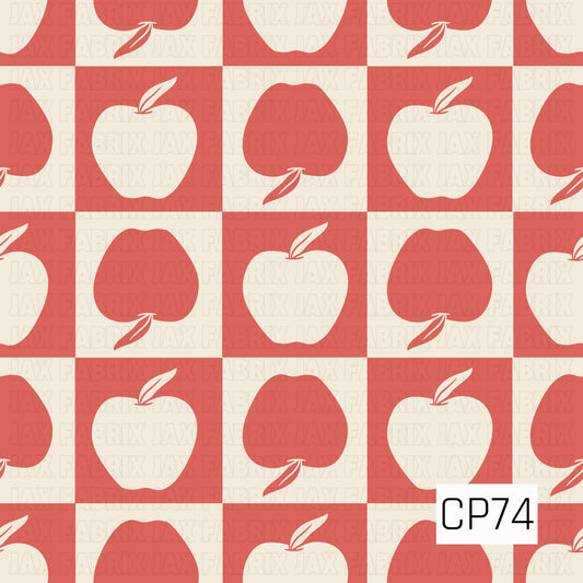 Alternating red and cream checkerboard squares featuring simple apple silhouettes, creating a playful back-to-school pattern with a clean, classic look.
