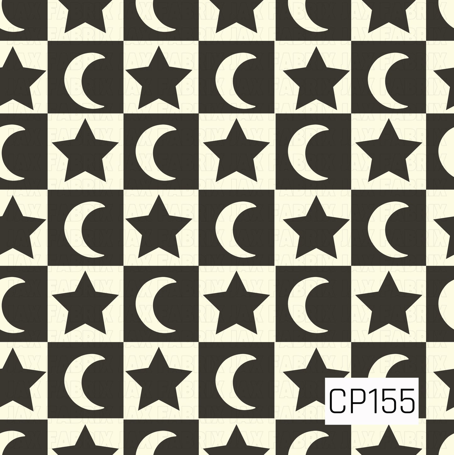 A bold seamless checkerboard pattern featuring alternating black and cream squares with black stars and cream crescent moons. The simple celestial design creates a modern Halloween-inspired look with a classic black and cream color palette.
