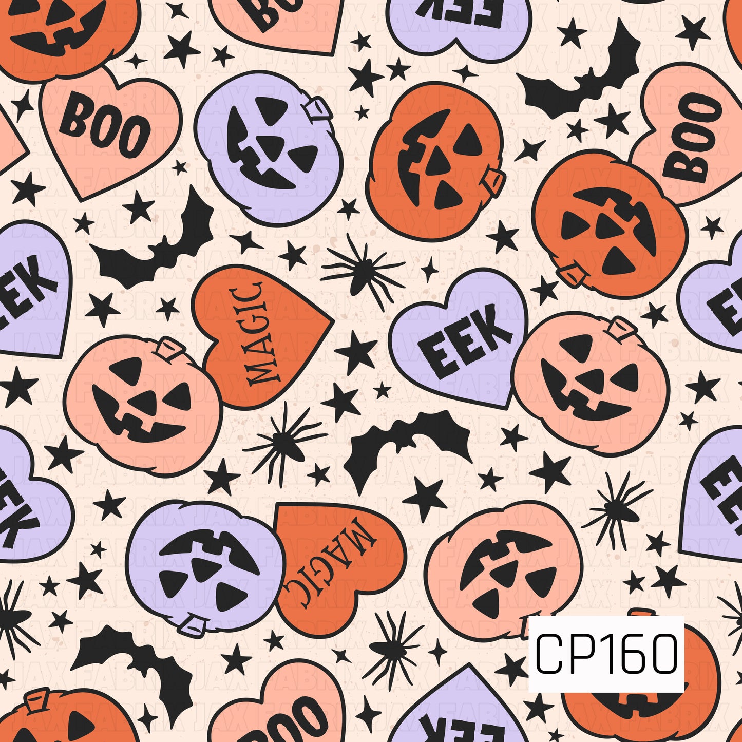 A playful Halloween seamless pattern featuring orange, blush pink, and lavender jack-o'-lanterns paired with conversation hearts reading "Boo," "Eek," and "Magic." Black bats, stars, and spider accents are scattered across a soft cream background, creating a fun retro Halloween design in orange, blush pink, lavender, black, and cream.
