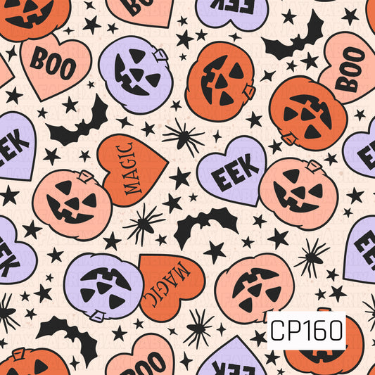 A playful Halloween seamless pattern featuring orange, blush pink, and lavender jack-o'-lanterns paired with conversation hearts reading "Boo," "Eek," and "Magic." Black bats, stars, and spider accents are scattered across a soft cream background, creating a fun retro Halloween design in orange, blush pink, lavender, black, and cream.
