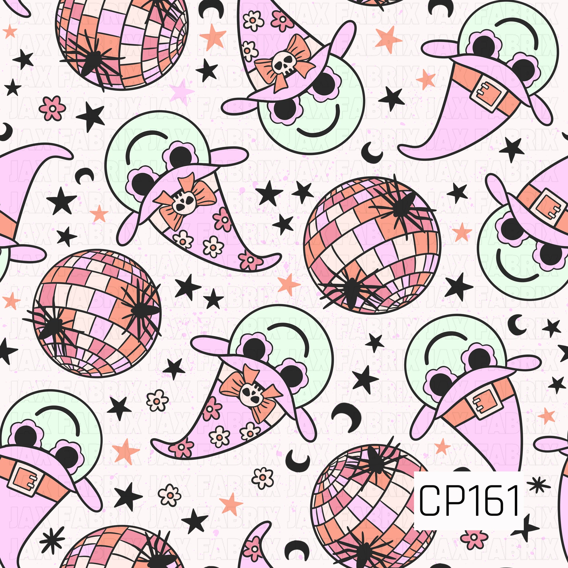 A playful Halloween seamless pattern featuring smiling ghosts wearing lavender witch hats decorated with bows, flowers, and skull accents, paired with pastel disco balls. Black stars, crescent moons, spiders, and tiny floral details are scattered across a white background, with a color palette of lavender, mint green, pink, peach, black, and white.
