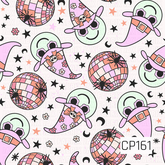 A playful Halloween seamless pattern featuring smiling ghosts wearing lavender witch hats decorated with bows, flowers, and skull accents, paired with pastel disco balls. Black stars, crescent moons, spiders, and tiny floral details are scattered across a white background, with a color palette of lavender, mint green, pink, peach, black, and white.
