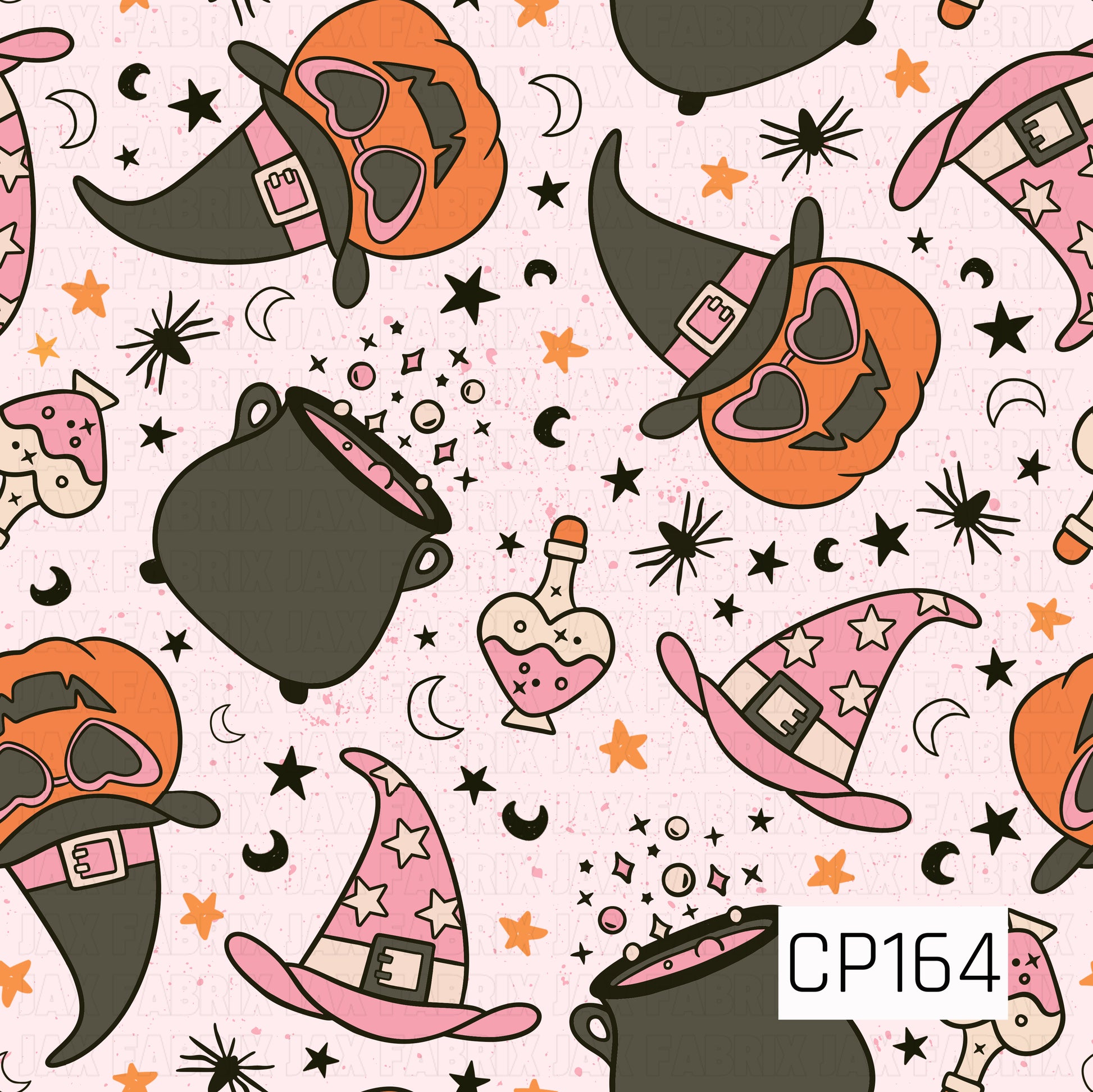A whimsical Halloween seamless pattern featuring smiling jack-o'-lanterns wearing heart-shaped sunglasses, pink star-print witch hats, bubbling black cauldrons, magical potion bottles, crescent moons, stars, mushrooms, and scattered sparkles on a light pink speckled background. The playful color palette includes shades of pink, orange, black, cream, and peach for a fun, retro-inspired spooky look.

