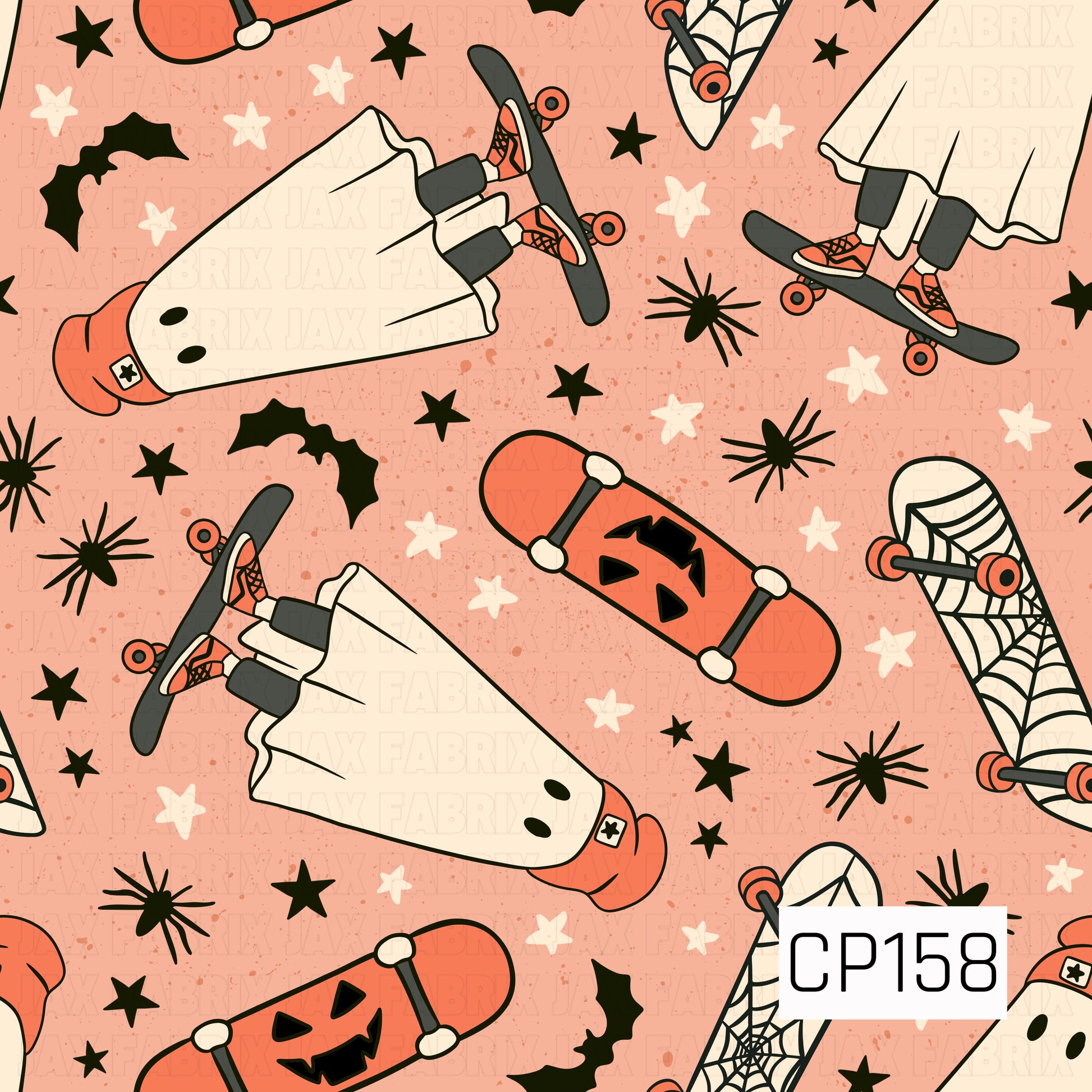 A playful Halloween seamless pattern featuring ghosts riding skateboards alongside pumpkin jack-o'-lantern skateboards and spiderweb skateboards. Black bats, spiders, stars, and scattered splatter accents decorate the peach background, with a color palette of peach, orange, cream, black, and white.
