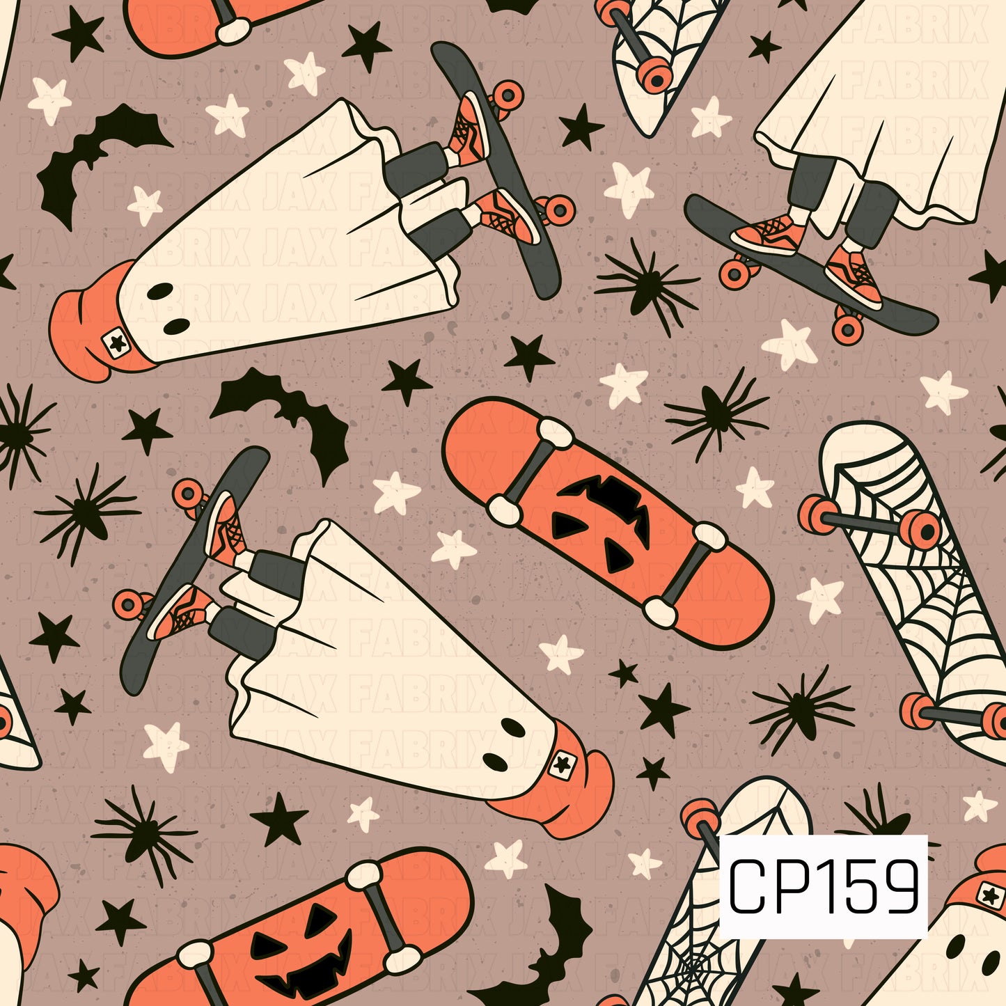 A playful Halloween seamless pattern featuring ghosts riding black skateboards alongside orange jack-o'-lantern skateboards and spiderweb skateboards. Black bats, spiders, stars, and scattered splatter accents are layered over a warm taupe background, with a color palette of taupe, orange, cream, black, and white.
