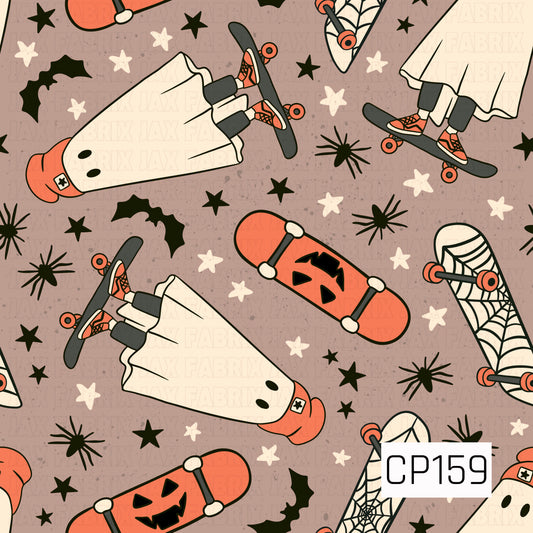 A playful Halloween seamless pattern featuring ghosts riding black skateboards alongside orange jack-o'-lantern skateboards and spiderweb skateboards. Black bats, spiders, stars, and scattered splatter accents are layered over a warm taupe background, with a color palette of taupe, orange, cream, black, and white.
