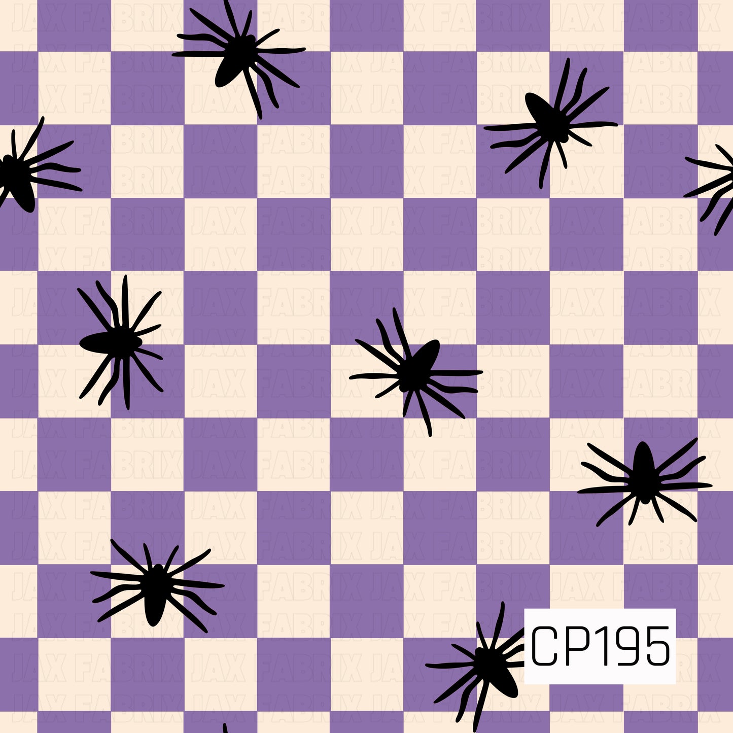 A seamless Halloween pattern featuring scattered black spiders across a classic lavender and cream checkerboard background. The simple, bold design combines playful spooky elements with a retro gingham aesthetic for a fun seasonal look.
