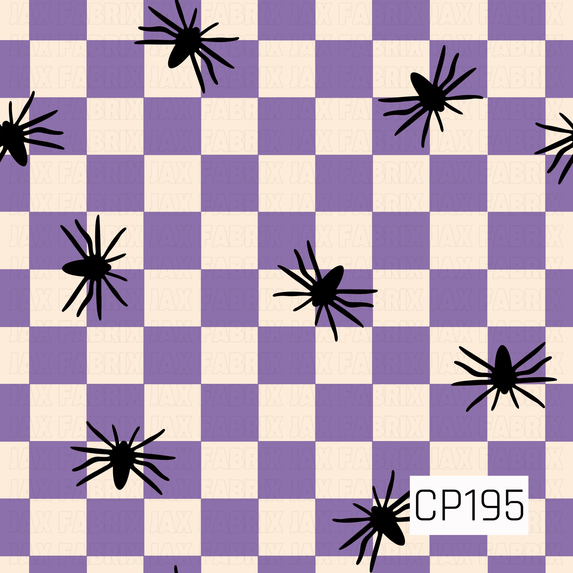 A seamless Halloween pattern featuring scattered black spiders across a classic lavender and cream checkerboard background. The simple, bold design combines playful spooky elements with a retro gingham aesthetic for a fun seasonal look.
