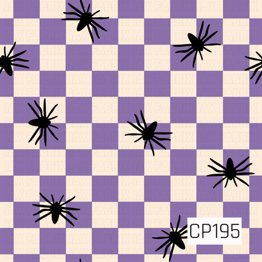 A seamless Halloween pattern featuring scattered black spiders across a classic lavender and cream checkerboard background. The simple, bold design combines playful spooky elements with a retro gingham aesthetic for a fun seasonal look.
