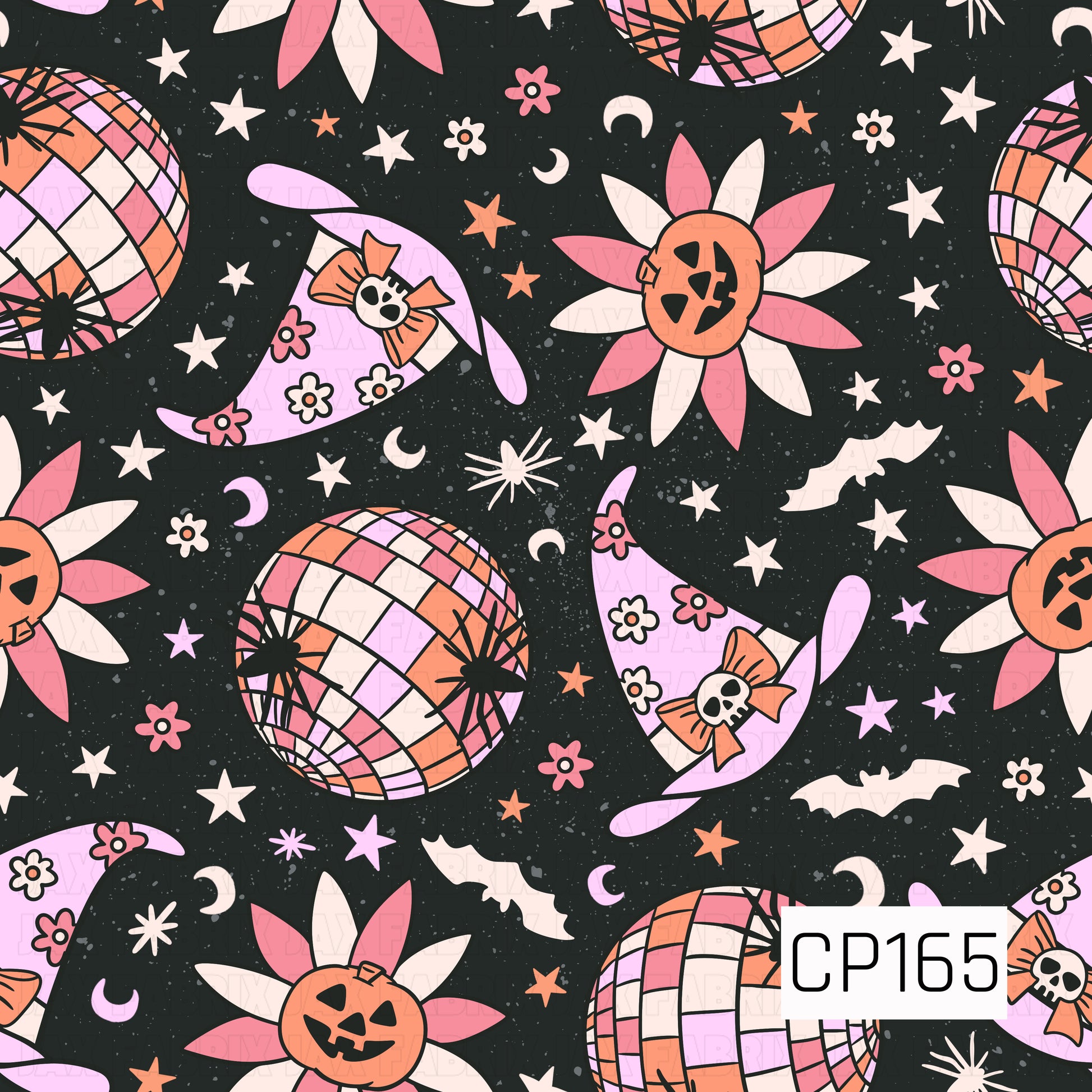 A whimsical Halloween seamless pattern featuring pastel disco balls, floral witch hats with skull bows, smiling jack-o'-lantern flowers, bats, stars, crescent moons, and tiny flowers scattered across a black speckled background. The playful color palette includes shades of pink, lavender, peach, orange, cream, and black with retro-inspired spooky details.
