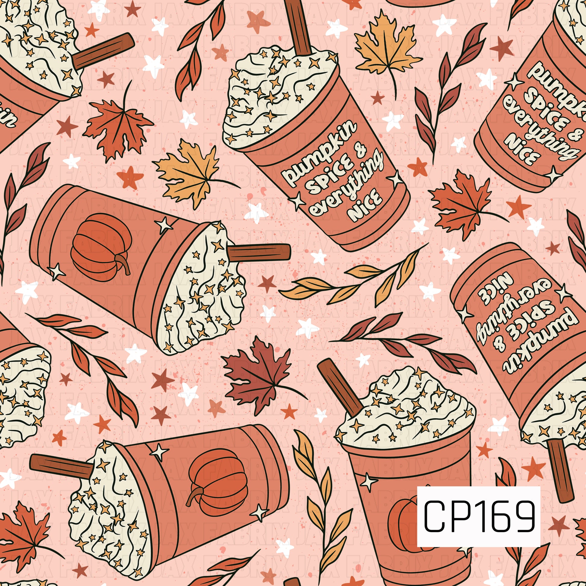 A cozy fall pattern featuring pumpkin spice coffee cups topped with whipped cream, cinnamon sticks, and star sprinkles, paired with pumpkins, autumn leaves, and delicate foliage on a soft blush pink background in warm autumn tones.**

