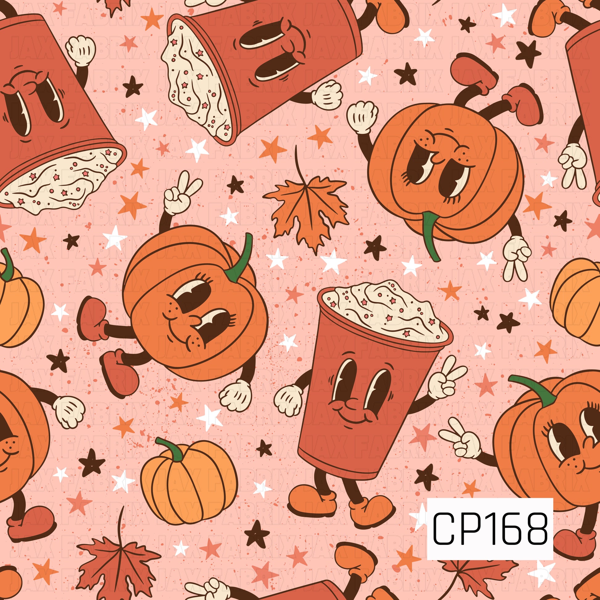 A playful retro fall pattern featuring smiling pumpkins and cheerful to-go coffee cups with vintage cartoon faces, scattered with autumn leaves, stars, and mini pumpkins on a soft blush pink background. Warm orange, brown, and cream tones make this design perfect for cozy fall projects and seasonal handmade accessories.
