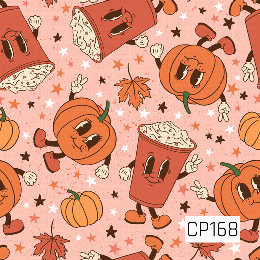 A playful retro fall pattern featuring smiling pumpkins and cheerful to-go coffee cups with vintage cartoon faces, scattered with autumn leaves, stars, and mini pumpkins on a soft blush pink background. Warm orange, brown, and cream tones make this design perfect for cozy fall projects and seasonal handmade accessories.
