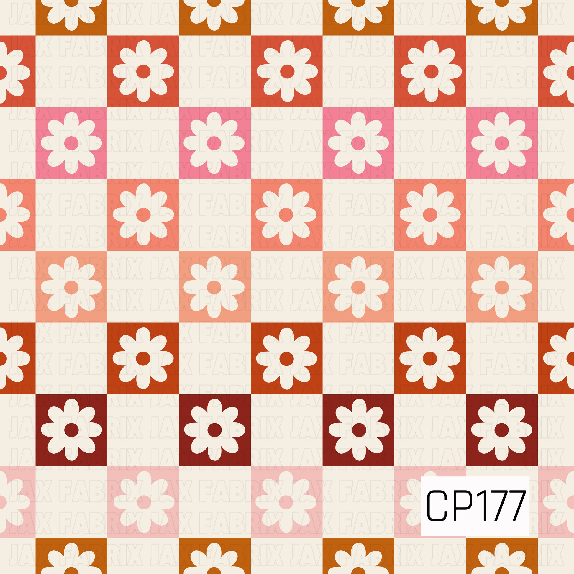 A retro checkerboard design featuring white daisy blooms arranged in alternating cream and colorful squares. Shades of mustard, rust, coral, blush, pink, and deep burgundy create a playful vintage-inspired floral pattern with a warm, cheerful feel.

