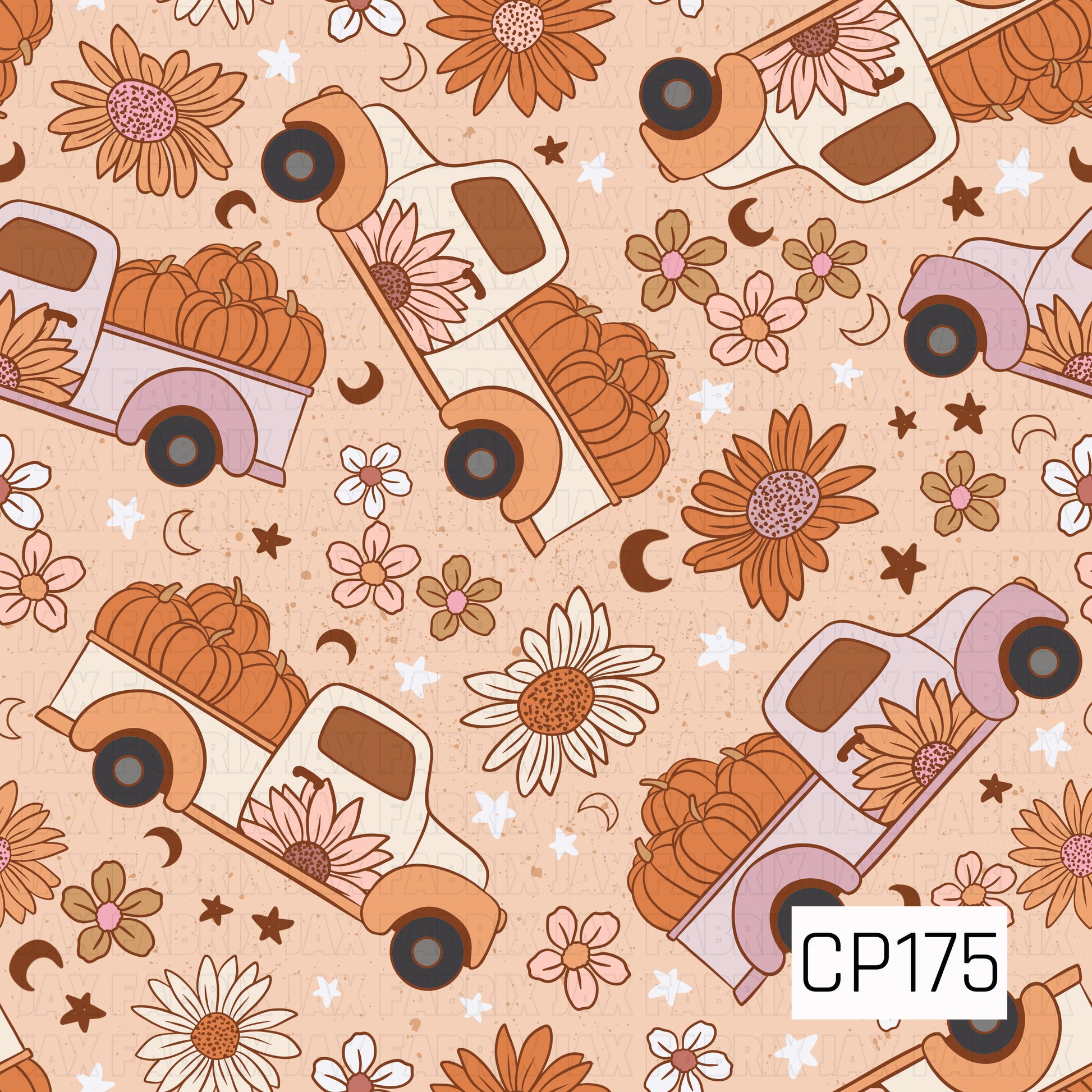 A charming fall design featuring vintage pickup trucks filled with pumpkins and sunflowers, surrounded by blooming daisies, scattered flowers, crescent moons, stars, and tiny pumpkins on a soft peach background. Warm autumn shades of orange, cream, blush, lavender, and brown create a cozy harvest-inspired look.
