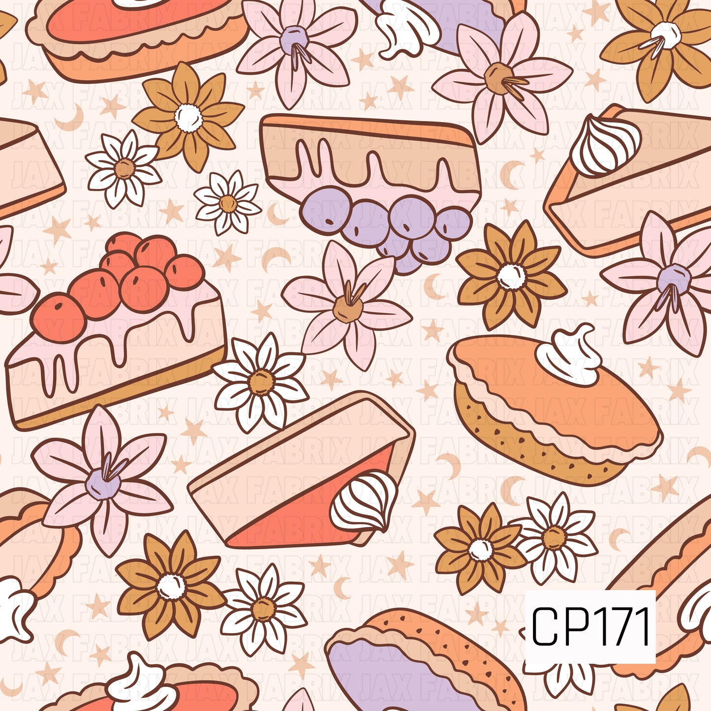 A charming fall pattern featuring slices of pie, cakes, pastries, and whipped cream paired with soft florals, scattered stars, and crescent moons on a warm cream background. A pastel palette of peach, lavender, mustard, and coral gives this design a sweet vintage autumn feel.
