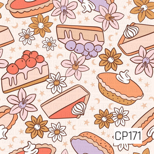 A charming fall pattern featuring slices of pie, cakes, pastries, and whipped cream paired with soft florals, scattered stars, and crescent moons on a warm cream background. A pastel palette of peach, lavender, mustard, and coral gives this design a sweet vintage autumn feel.
