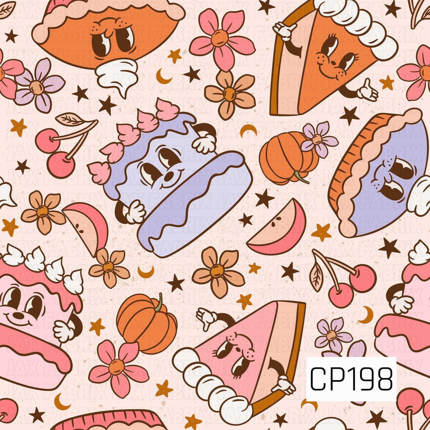 A seamless whimsical pattern featuring smiling slices of pie in pumpkin, blueberry, cherry, and strawberry flavors, accented with pumpkins, cherries, flowers, stars, and crescent moons. Soft pastel shades of pink, lavender, orange, and cream create a playful autumn design with a sweet vintage-inspired Halloween feel.
