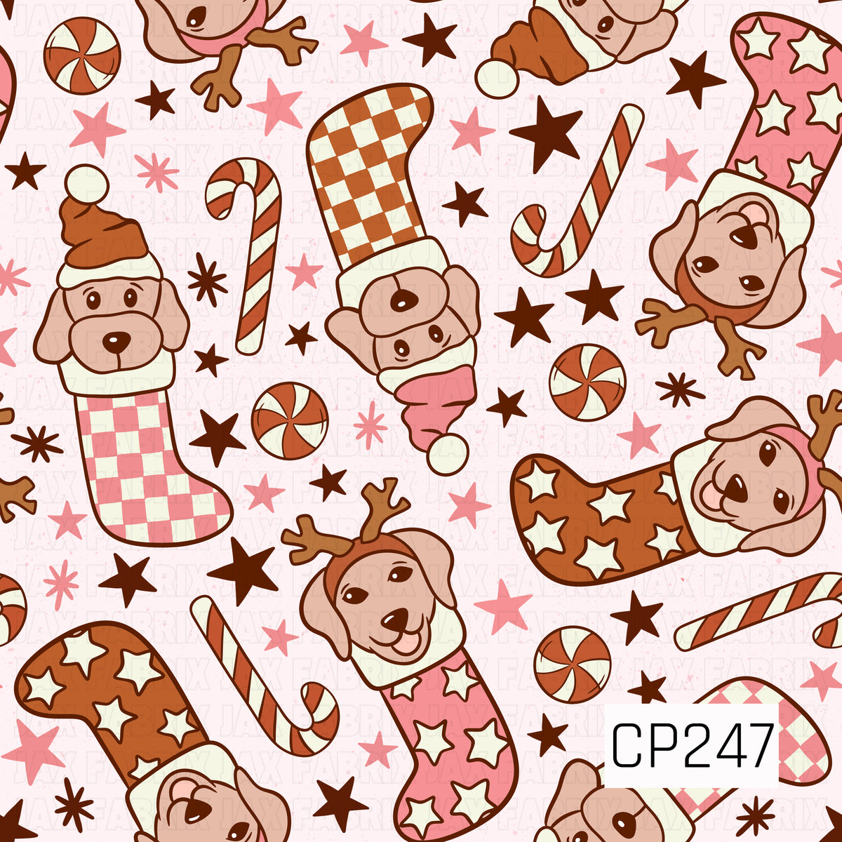 A playful Christmas puppy design featuring adorable dogs tucked inside festive stockings in pink, rust, and checkered patterns. Candy canes, peppermint candies, stars, and whimsical holiday accents are scattered throughout on a soft blush pink background.