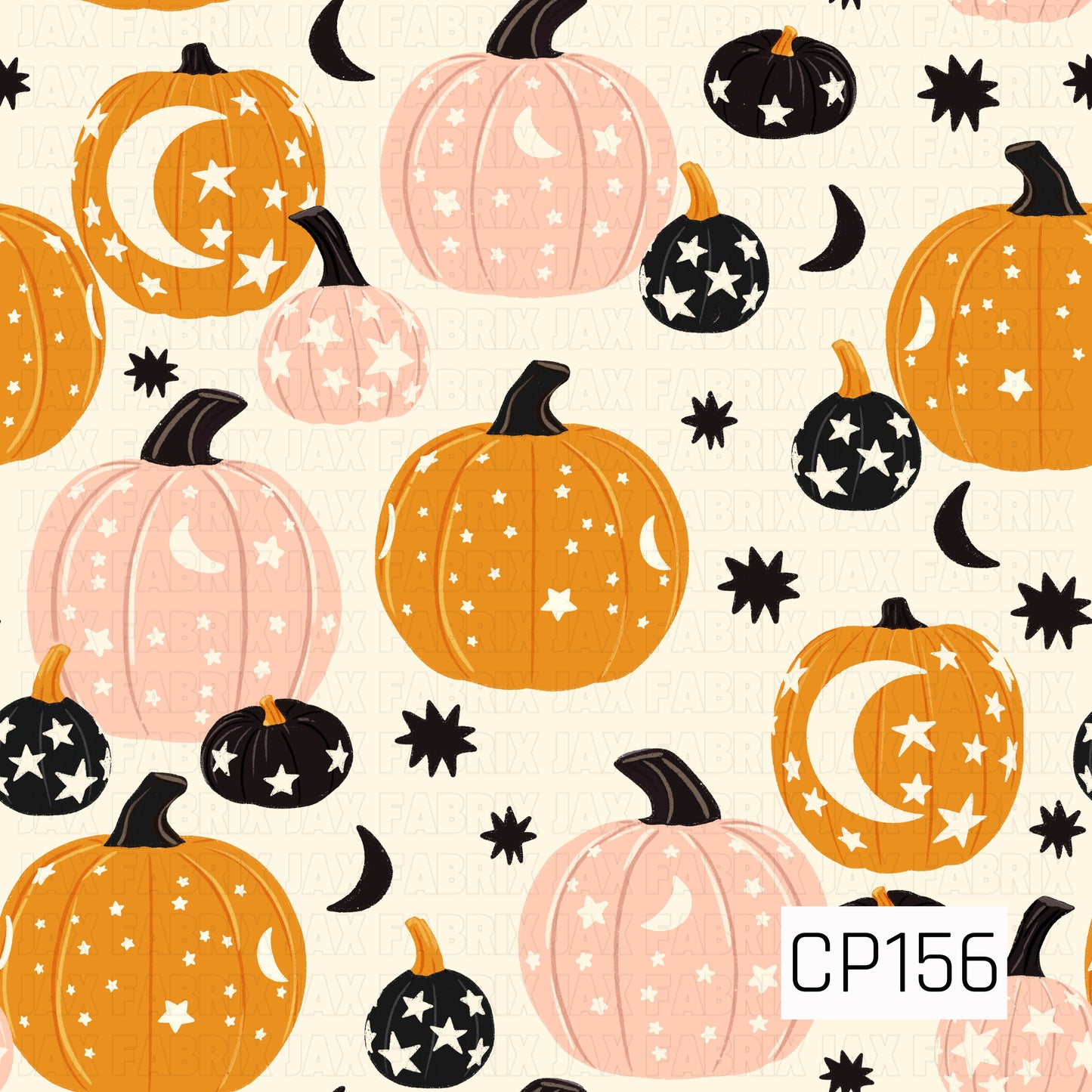 A whimsical Halloween seamless pattern featuring orange, blush pink, and black pumpkins decorated with stars and crescent moons on a soft cream background. Black crescent moons and starburst accents are scattered throughout, creating a celestial Halloween design with warm orange, blush pink, black, and cream tones.
