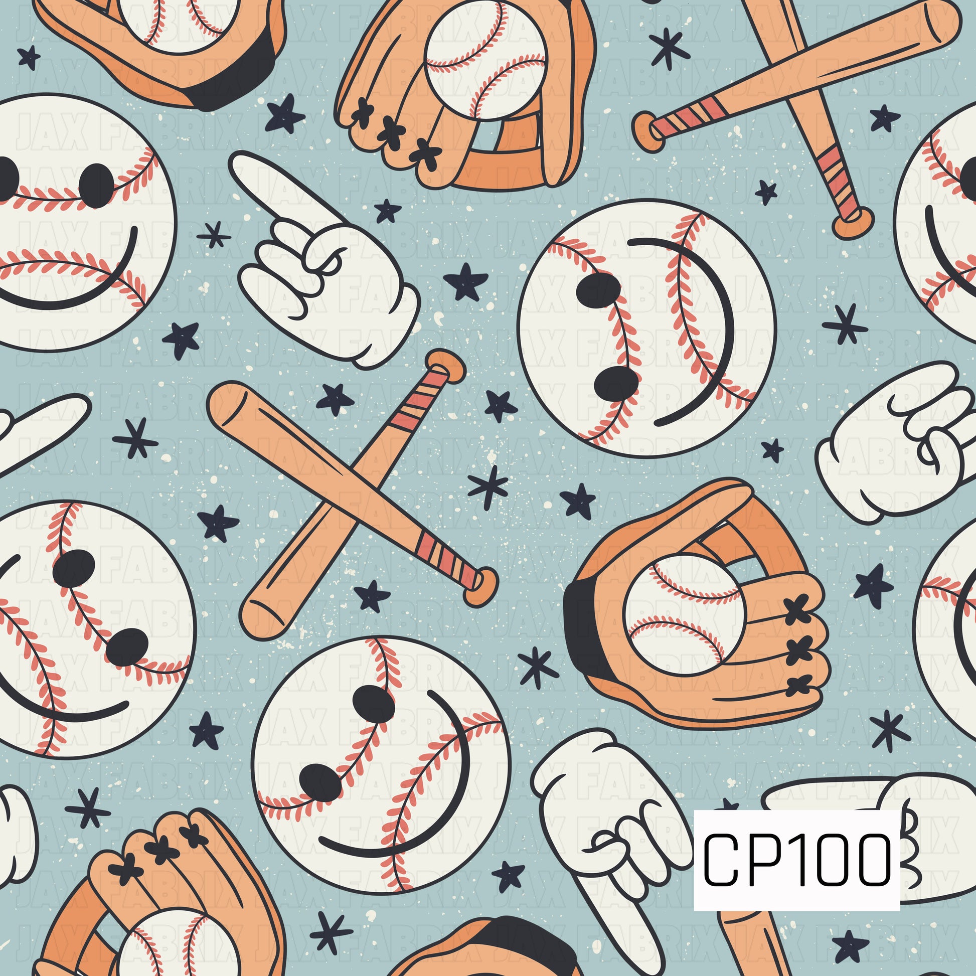 A seamless pattern featuring smiling baseballs with playful expressions, baseball gloves holding balls, crossed bats, and cartoon-style pointing hands scattered across a speckled light blue background with black stars. The fun, vintage-inspired design is perfect for baseball fans of all ages.
