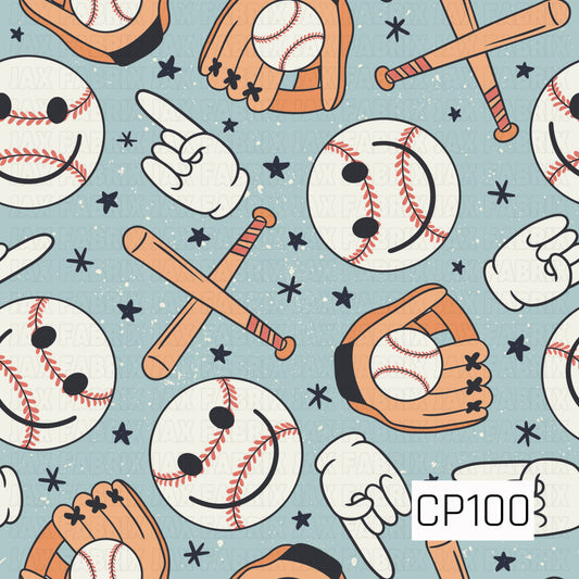 A seamless pattern featuring smiling baseballs with playful expressions, baseball gloves holding balls, crossed bats, and cartoon-style pointing hands scattered across a speckled light blue background with black stars. The fun, vintage-inspired design is perfect for baseball fans of all ages.
