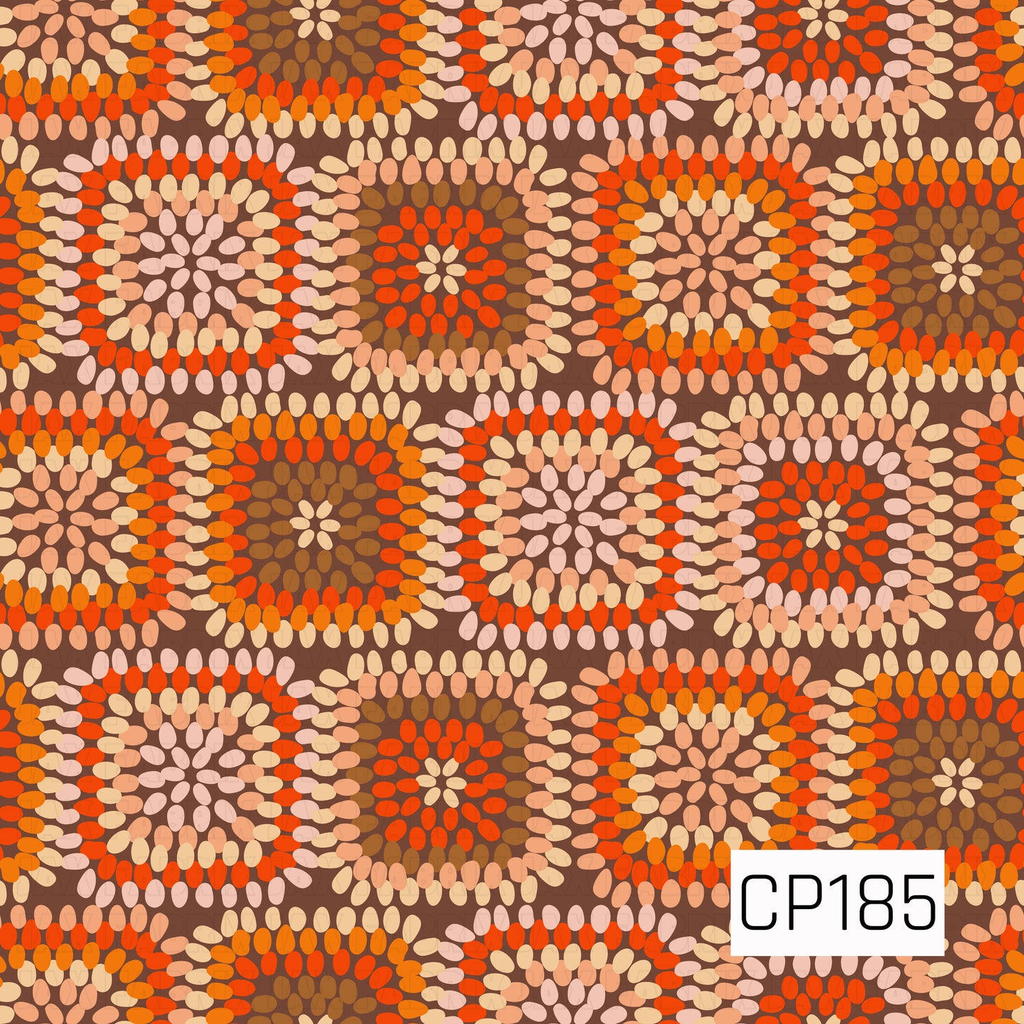A seamless retro-inspired crochet pattern featuring colorful granny squares arranged in a repeating patchwork design. Warm shades of burnt orange, rust, cream, blush pink, tan, and rich brown create a cozy vintage look with textured stitched details throughout.
