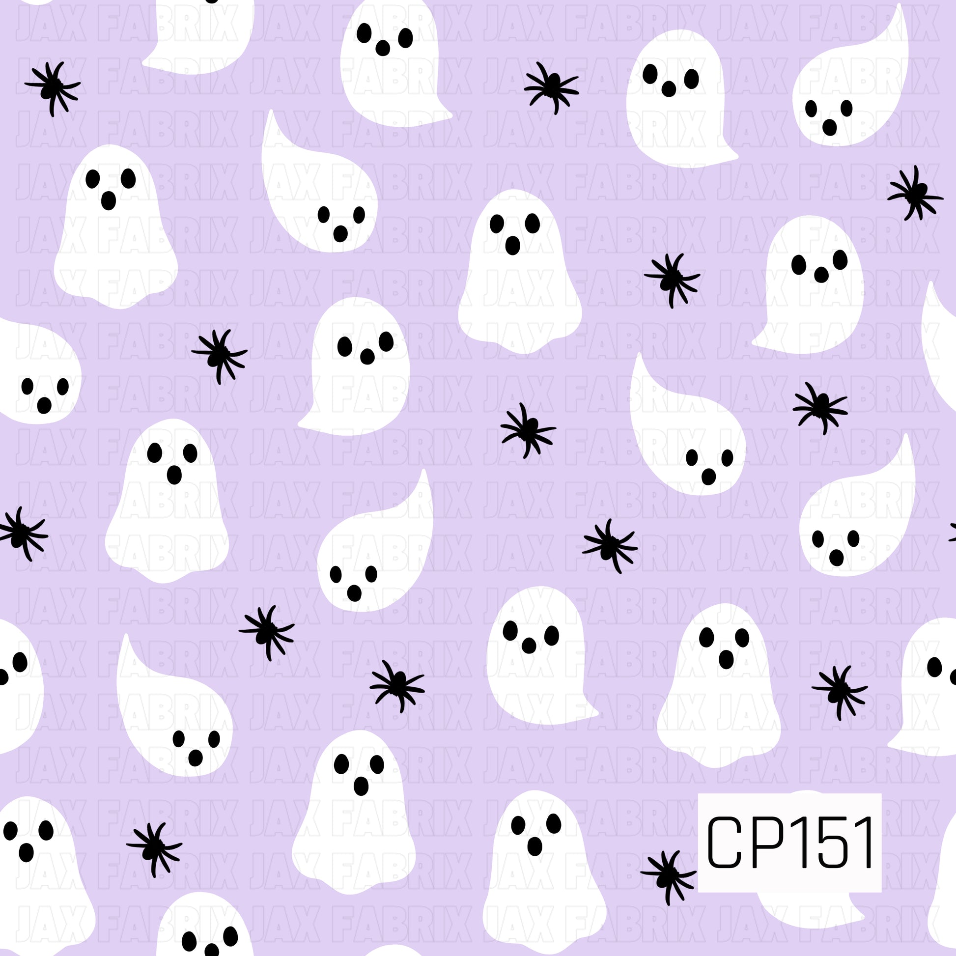 A playful Halloween coordinate featuring white ghosts with expressive faces and scattered black spiders on a soft lavender background. The simple color palette of lavender, white, and black creates a cute, whimsical spooky design.
