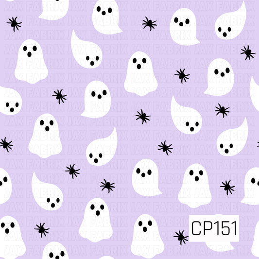 A playful Halloween coordinate featuring white ghosts with expressive faces and scattered black spiders on a soft lavender background. The simple color palette of lavender, white, and black creates a cute, whimsical spooky design.
