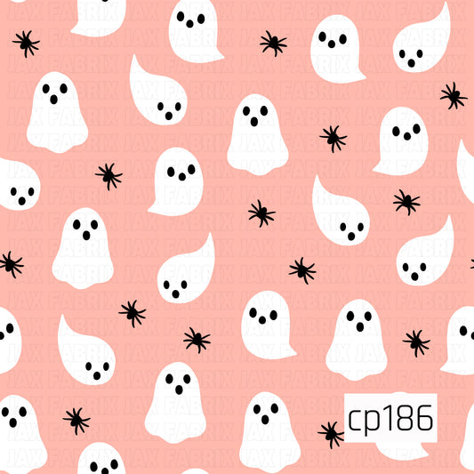A seamless Halloween pattern featuring adorable white ghosts with simple black facial expressions scattered across a soft blush pink background. Tiny black spiders are sprinkled throughout, creating a playful and minimalist spooky design with a cute, whimsical style.
