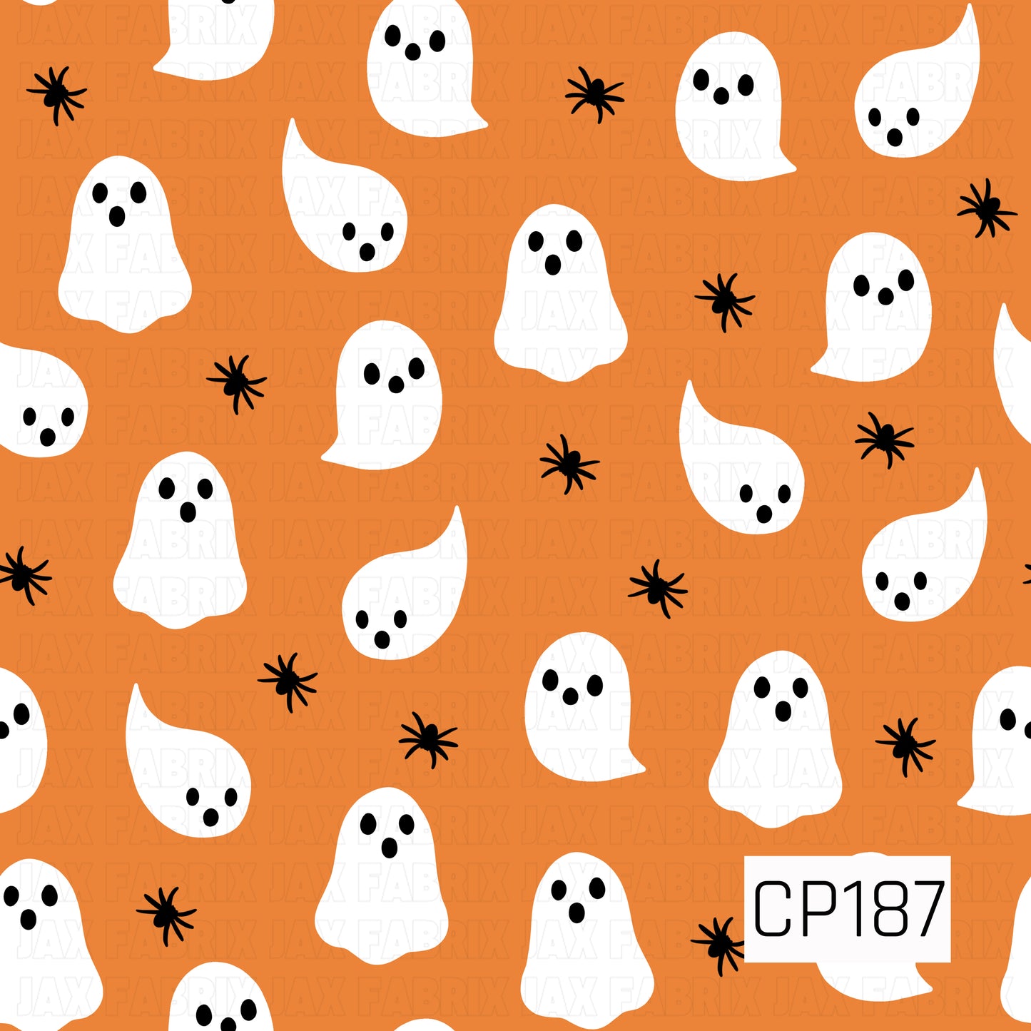 A seamless Halloween pattern featuring adorable white ghosts with simple black facial expressions scattered across a bright orange background. Tiny black spiders are sprinkled throughout, creating a fun, playful design with a classic Halloween color palette and a cute, minimalist style.
