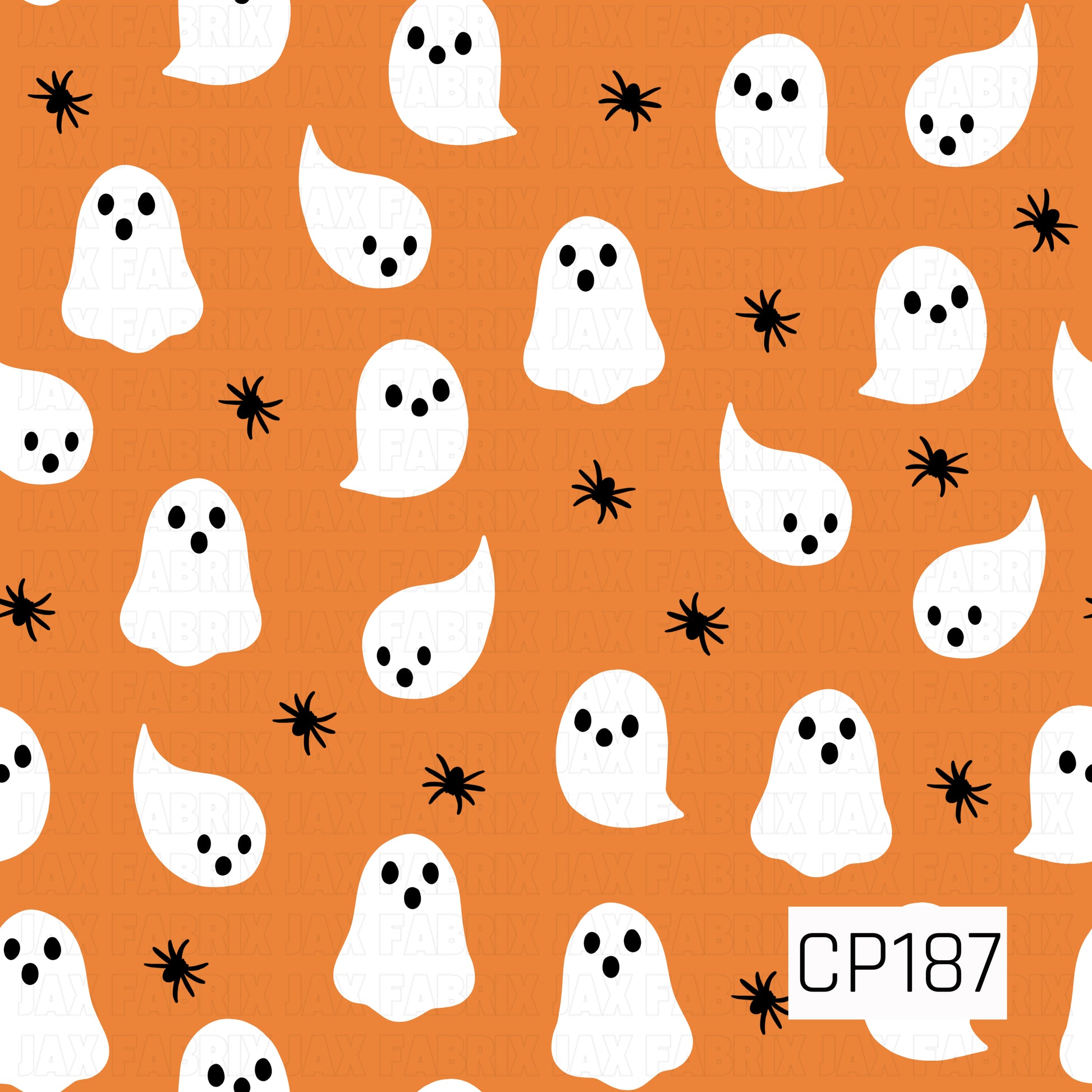 A seamless Halloween pattern featuring adorable white ghosts with simple black facial expressions scattered across a bright orange background. Tiny black spiders are sprinkled throughout, creating a fun, playful design with a classic Halloween color palette and a cute, minimalist style.
