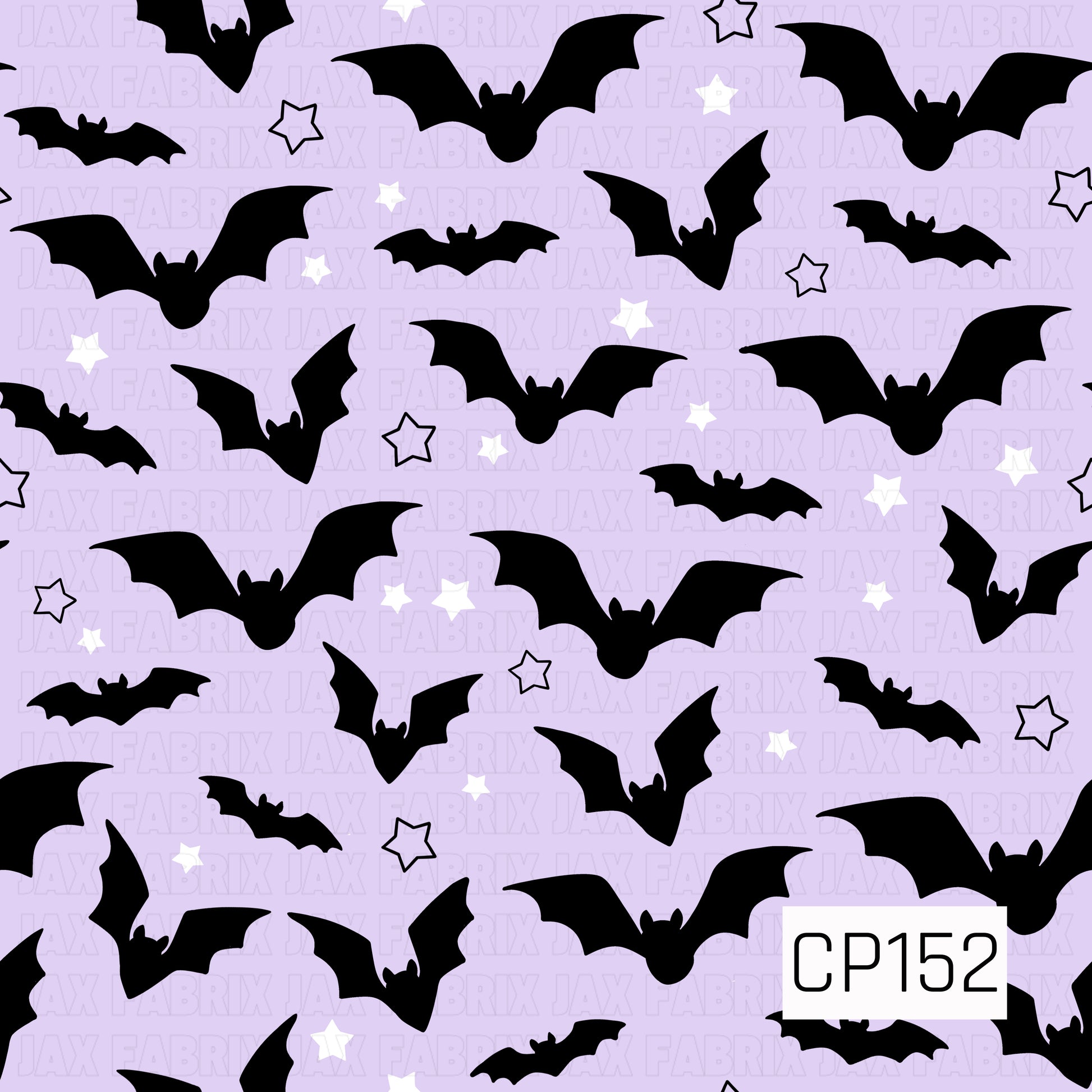 A playful Halloween coordinate featuring black flying bats scattered across a soft lavender background with white stars and outlined lavender stars. The simple lavender, black, and white color palette creates a fun and whimsical spooky design.
