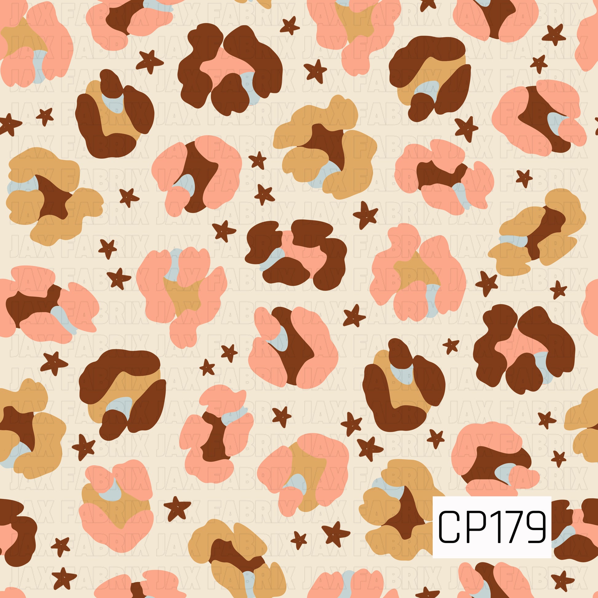 A playful animal print featuring abstract leopard spots in shades of blush pink, camel, chocolate brown, and soft blue, scattered across a warm cream background with tiny brown stars. The muted color palette gives this classic print a fun, modern twist with a cozy vintage feel.
