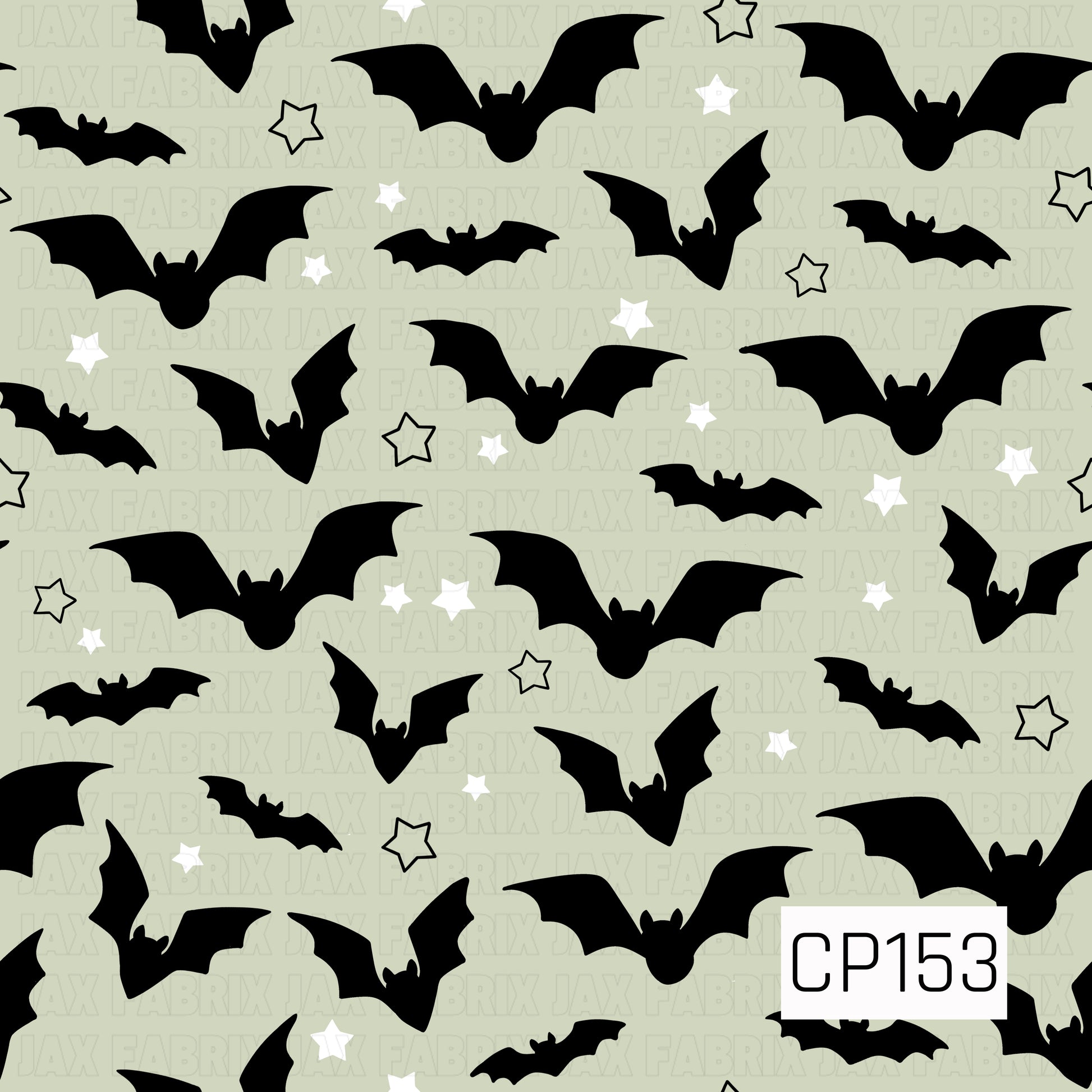 A playful Halloween coordinate featuring black flying bats scattered across a soft sage green background with white stars and outlined sage stars. The simple sage, black, and white color palette creates a fun and whimsical spooky design.
