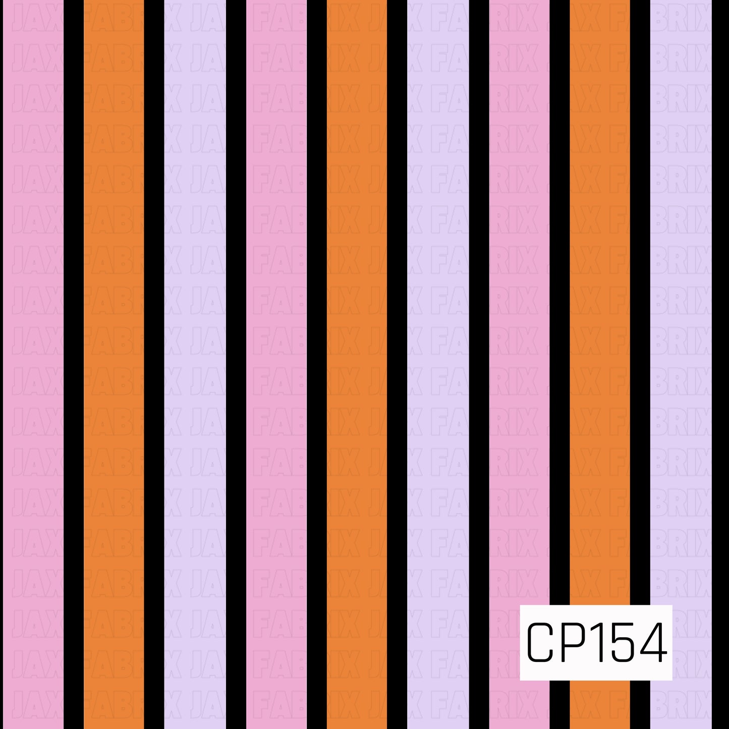 A bold striped coordinate featuring alternating black, orange, lavender, and pink vertical stripes. The bright Halloween-inspired color palette creates a fun, playful design that pairs perfectly with seasonal prints.
