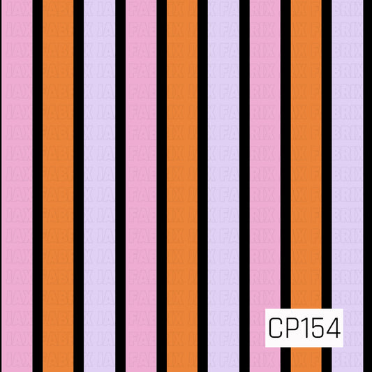 A bold striped coordinate featuring alternating black, orange, lavender, and pink vertical stripes. The bright Halloween-inspired color palette creates a fun, playful design that pairs perfectly with seasonal prints.
