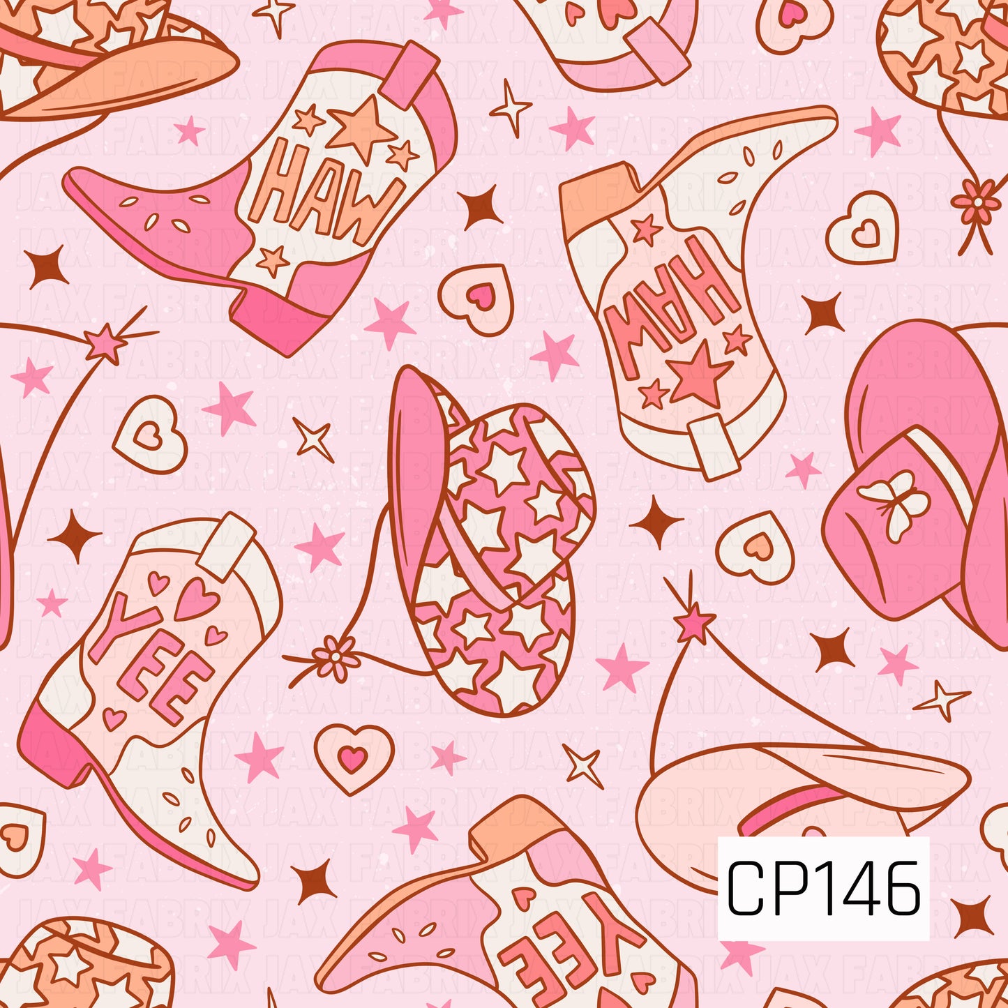 Pink western boots, cowboy hats, and star-print hats are scattered across a soft blush background with stars, hearts, and bows, creating a sweet western-inspired design with playful cowgirl charm.
