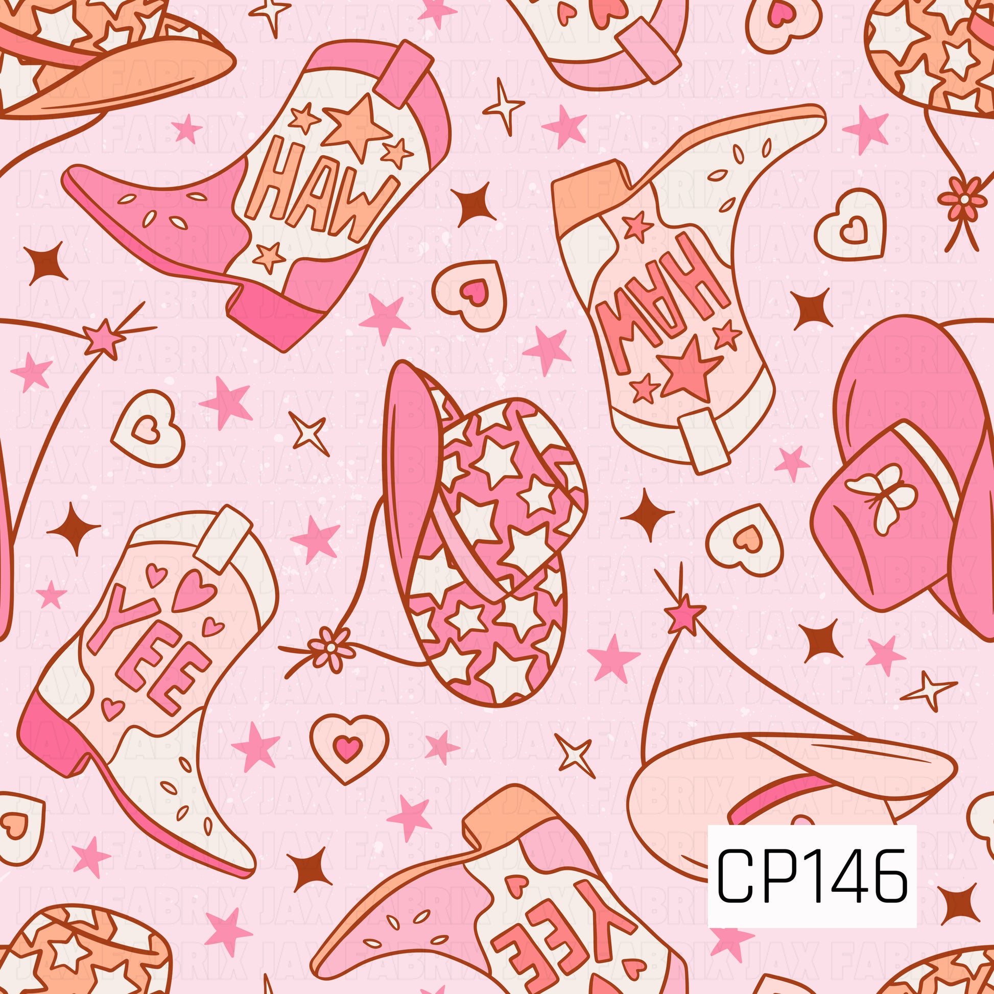 Pink western boots, cowboy hats, and star-print hats are scattered across a soft blush background with stars, hearts, and bows, creating a sweet western-inspired design with playful cowgirl charm.
