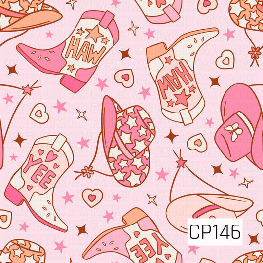 Pink western boots, cowboy hats, and star-print hats are scattered across a soft blush background with stars, hearts, and bows, creating a sweet western-inspired design with playful cowgirl charm.
