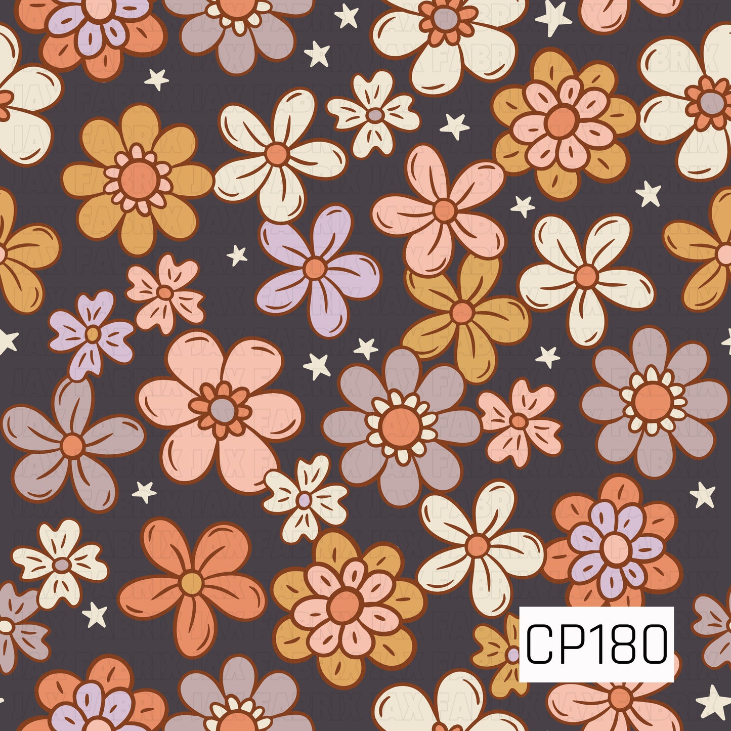 A whimsical floral pattern featuring retro-inspired blooms in warm peach, mustard, cream, blush, and soft lavender scattered across a deep charcoal background with tiny ivory stars. The rich contrast and vintage color palette create a cozy, playful look.