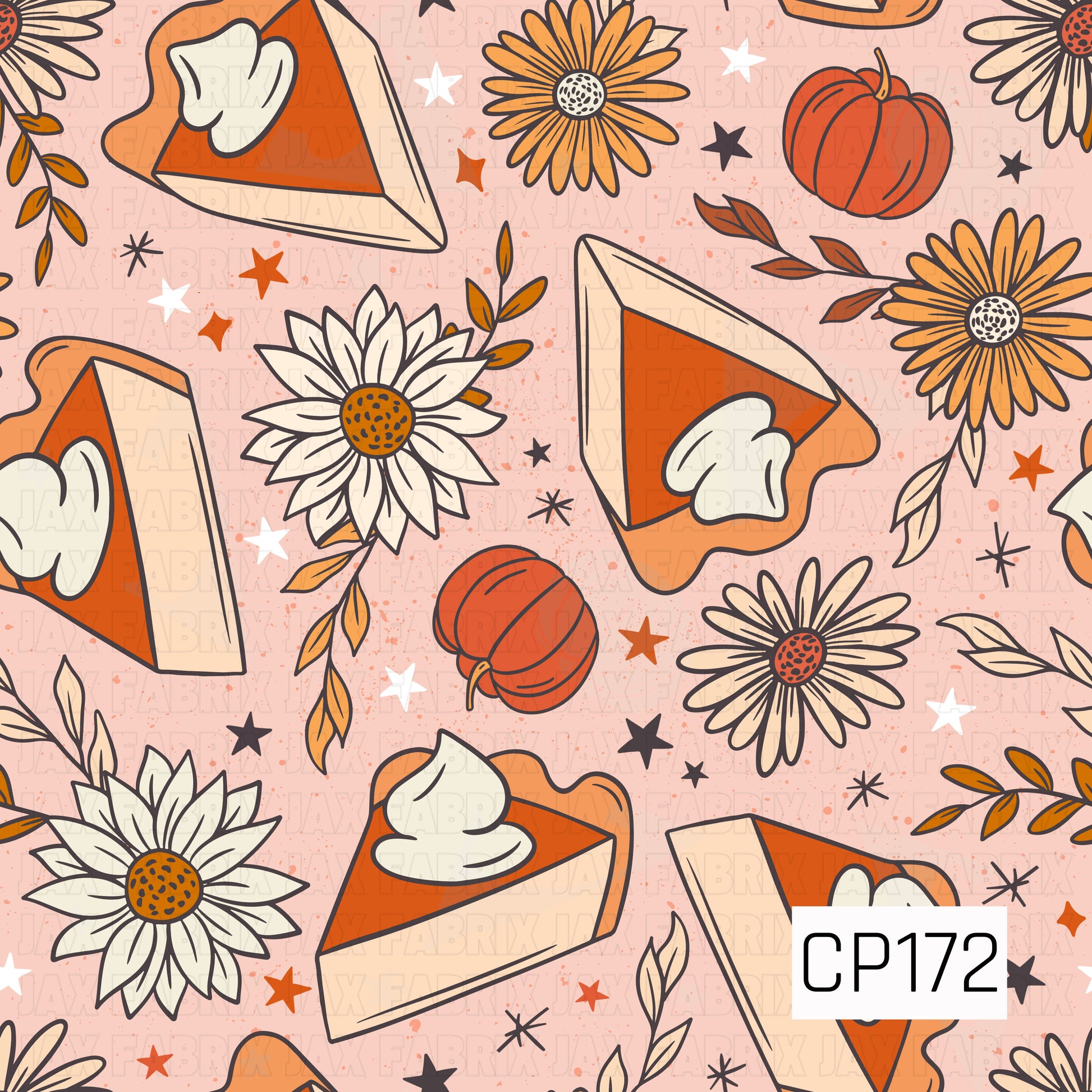 A sweet fall design featuring pumpkin pie slices with whipped cream, blooming daisies, pumpkins, scattered leaves, and tiny stars on a soft blush background. Warm shades of orange, cream, mustard, and brown create a cozy autumn look with a cheerful vintage feel.
