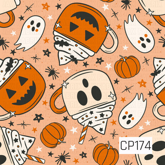 A playful Halloween design featuring ghost and jack-o'-lantern shaped mugs wrapped in cozy scarves, surrounded by smiling ghosts, pumpkins, stars, and spooky sparkles on a peach background. The orange, black, white, and cream color palette creates a fun and festive Halloween look with a cute, whimsical style.
