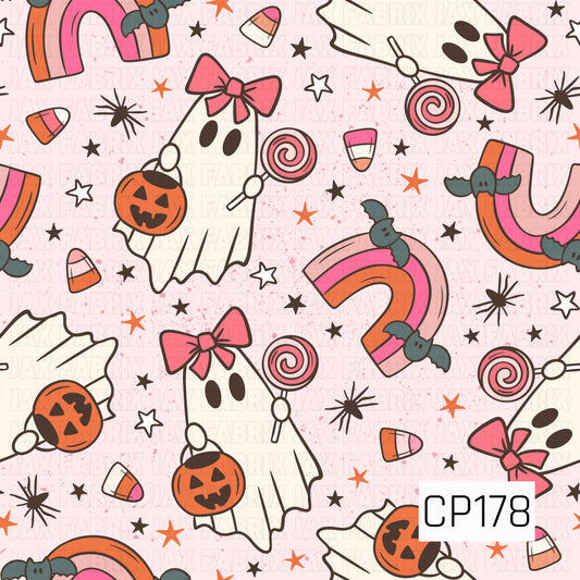 A cute Halloween design featuring friendly ghosts with pink bows holding jack-o'-lantern buckets and swirl lollipops, surrounded by candy corn, pink and orange rainbows, bats, stars, and tiny spiders on a soft blush background. Bright shades of pink, orange, black, and white give the design a sweet, playful spooky vibe.
